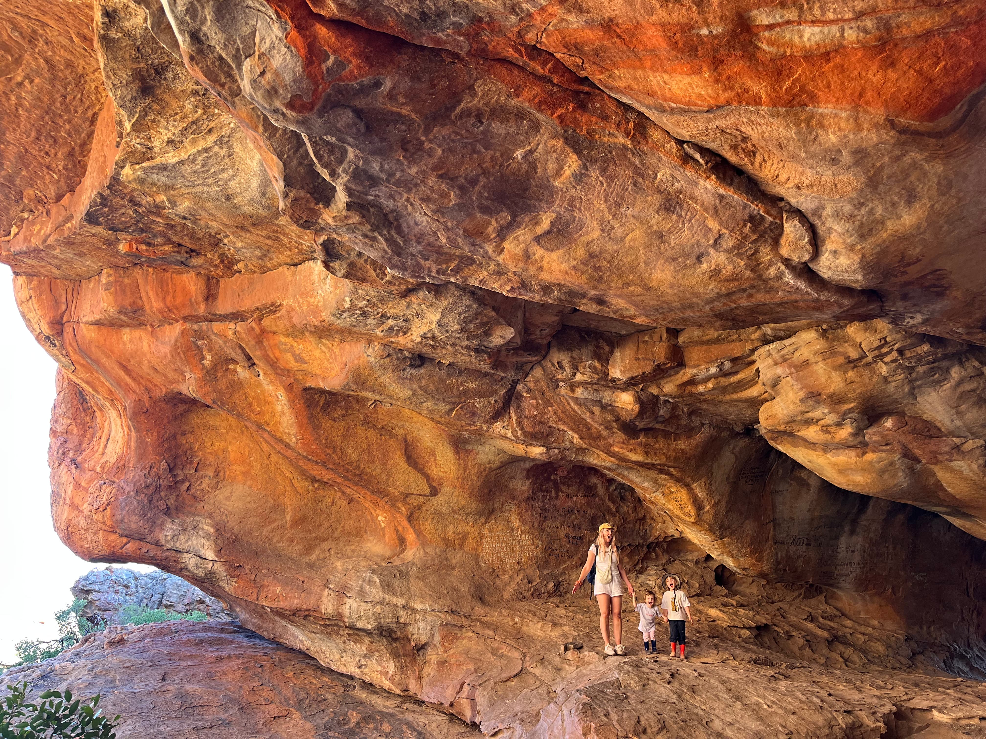 Exploring a rock cave with the kids